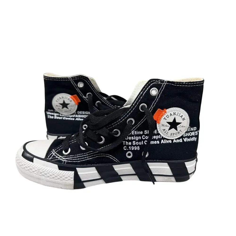 VTG-Inspired Yuanjian High Top Canvas Sneakers Black White Striped Sole Sz 39